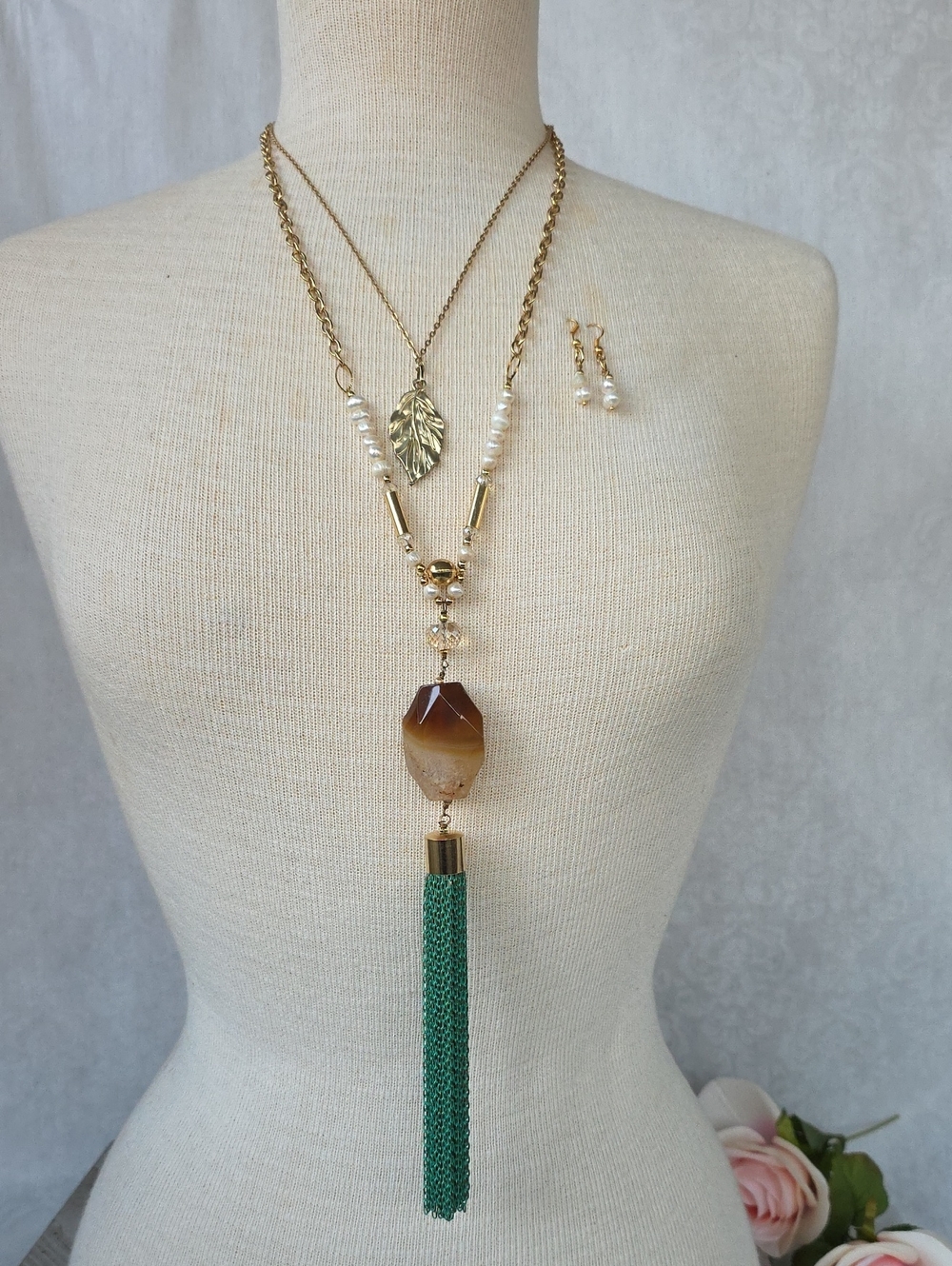 Gold Leaf & Green Tassel Pendant Necklace - Women Jewelry